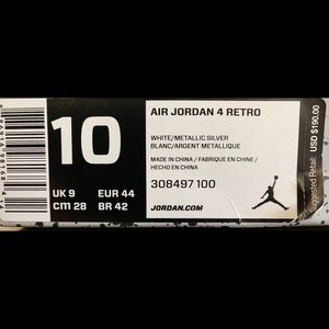 Air Jordan 4 Retro White/Metallic Silver Size 10